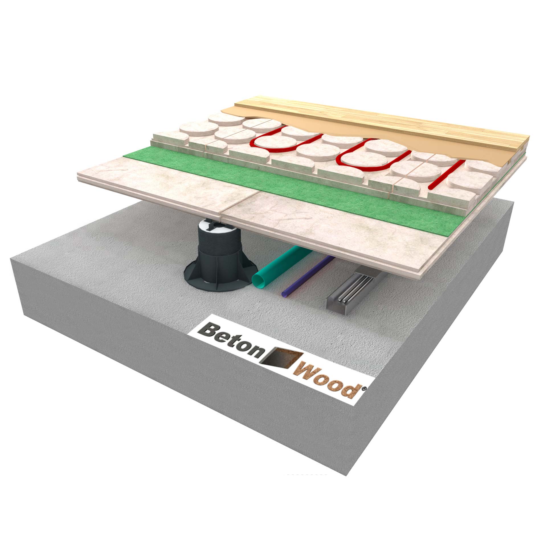 Elevated radiant floor with fiber wood and BetonWood