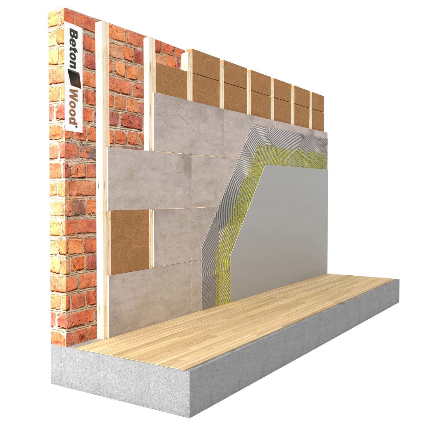 Internal insulation system with fiber wood FiberTherm Internal and cement bonded particle board on masonry